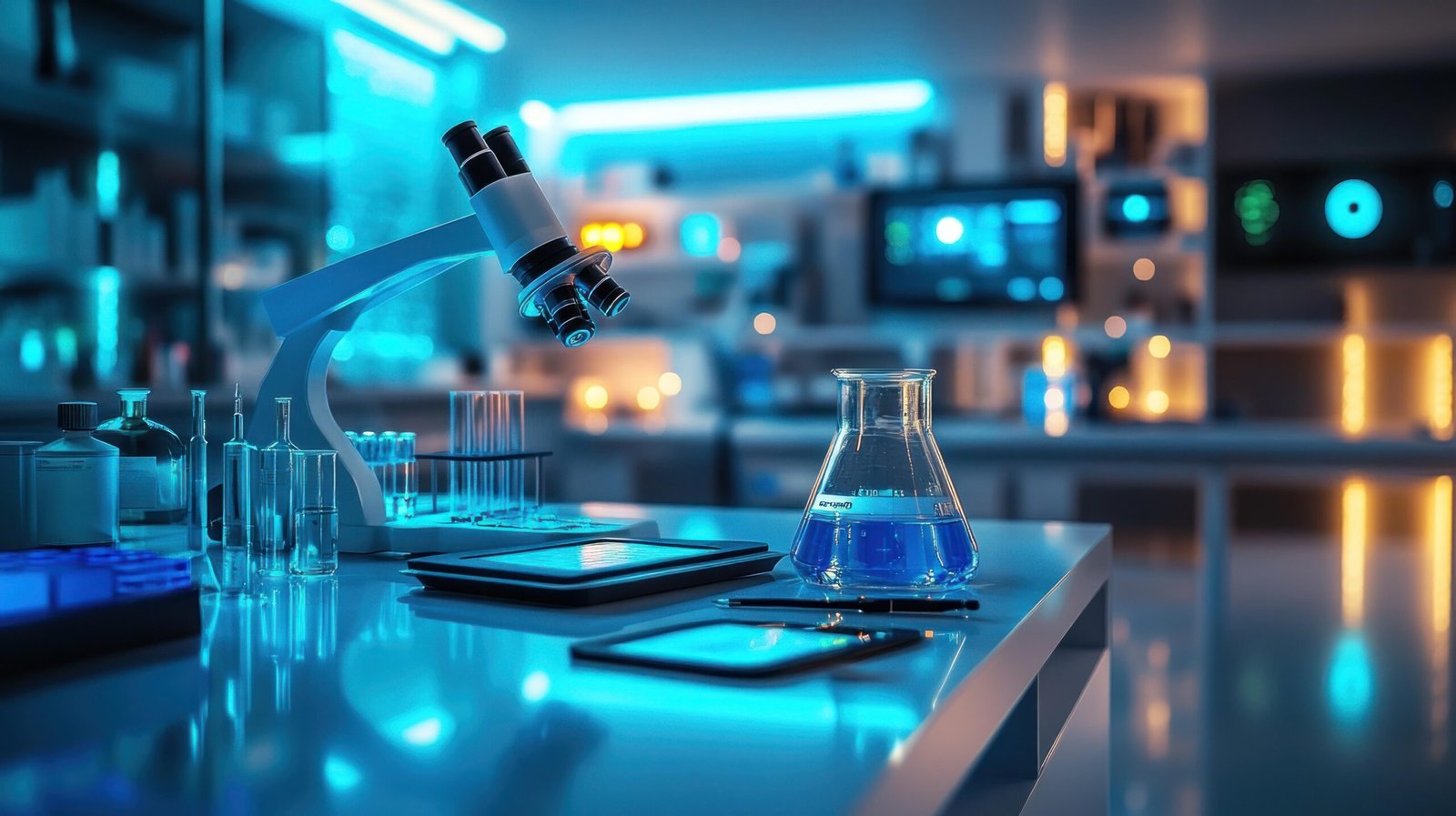 a modern laboratory with a microscope, beakers, and a tablet.