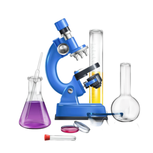science laboratory realistic composition consisting microscope flasks with chemical reagents vector illustration